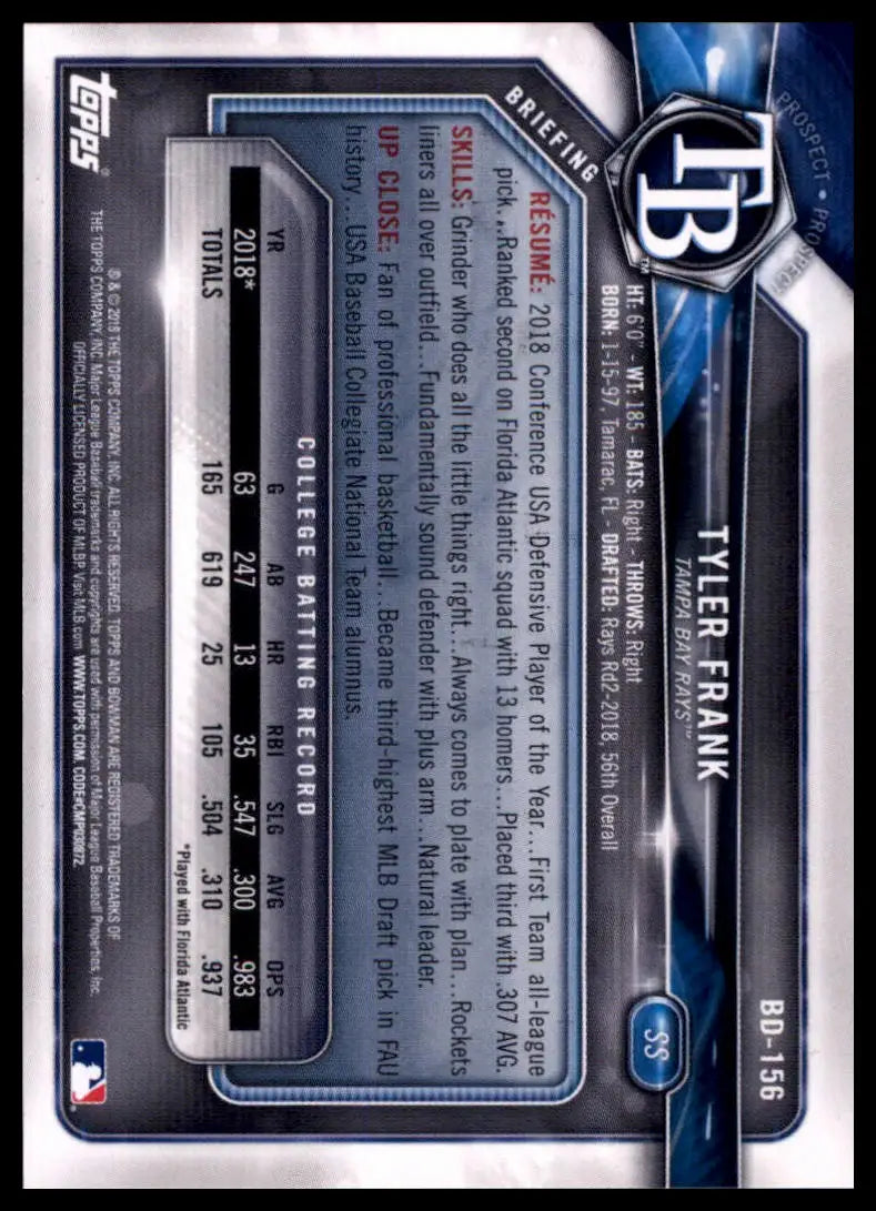 2018 Bowman Draft Tyler Frank BD-156 Tampa Bay Rays NM - Baseball Card Single
