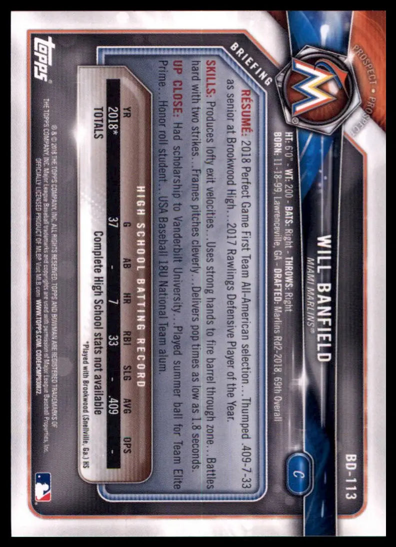 2018 Bowman Draft Will Banfield BD-113 Miami Marlins NM - Baseball Card Single