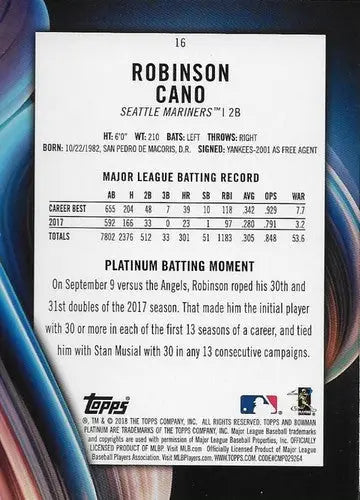 2018 Bowman Platinum #16 Robinson Cano NM-MT Mariners ID:15264 - Baseball Card Single