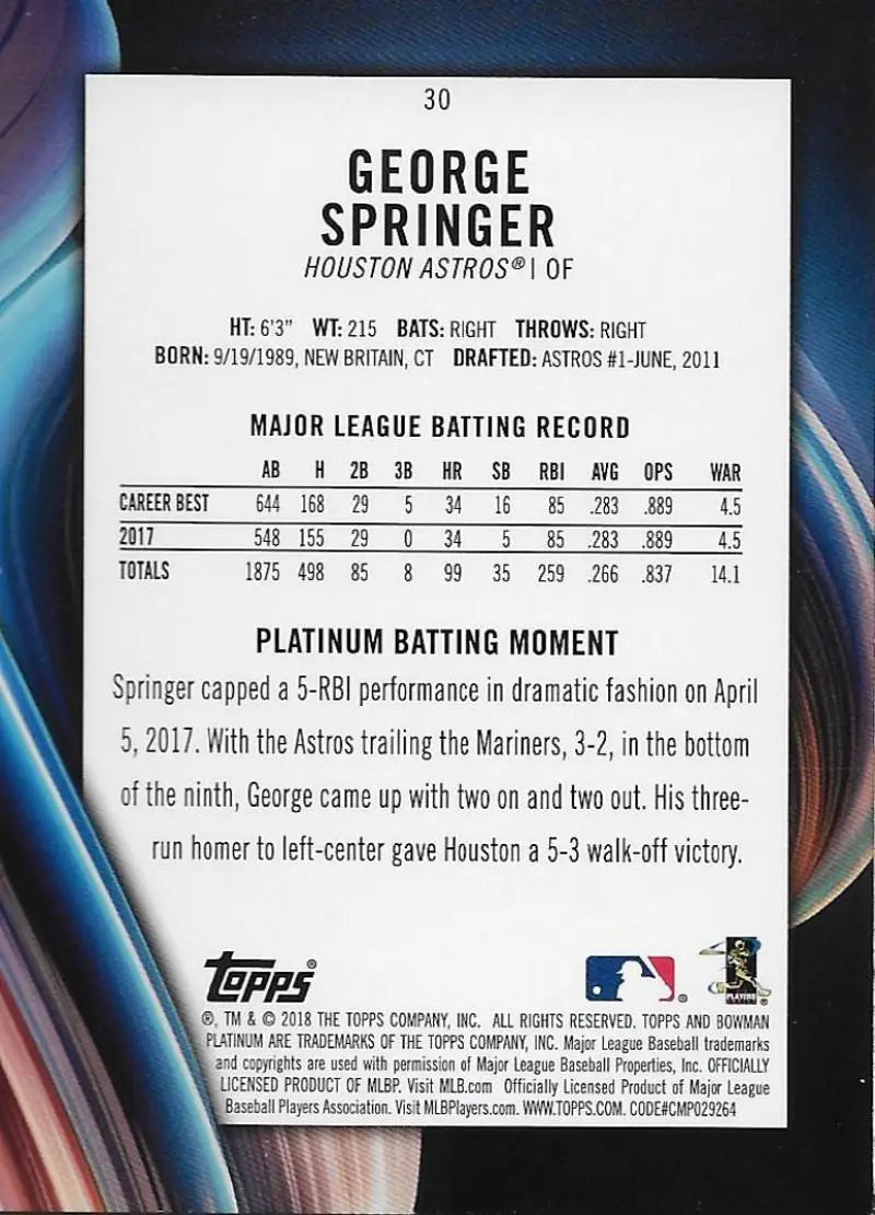 2018 Bowman Platinum #30 George Springer NM-MT Astros ID:15267 - Baseball Card Single