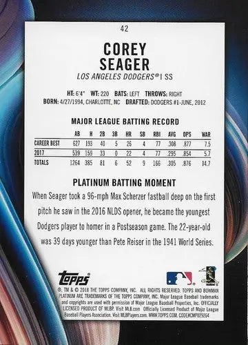 2018 Bowman Platinum #42 Corey Seager NM-MT Dodgers - Baseball Card Single