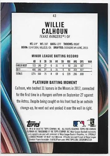 Willie Calhoun baseball card back from Bowman Platinum 2018 Rookie Rangers original gloss
