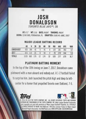 2018 Bowman Platinum Josh Donaldson baseball card with original gloss showcasing Blue Jays
