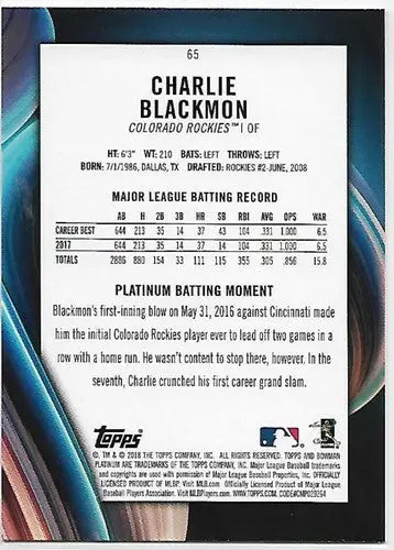Original gloss Bowman Platinum Charlie Blackmon trading card with player stats and bio