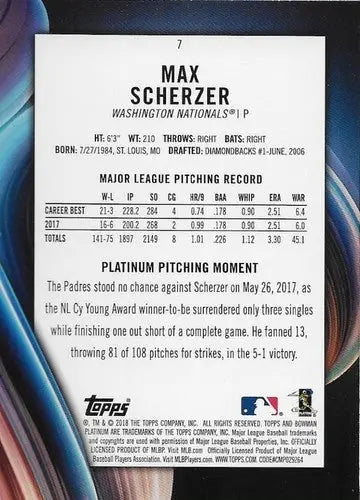 Original gloss Bowman Platinum Max Scherzer baseball card with pitching stats for 2018 NM-MT