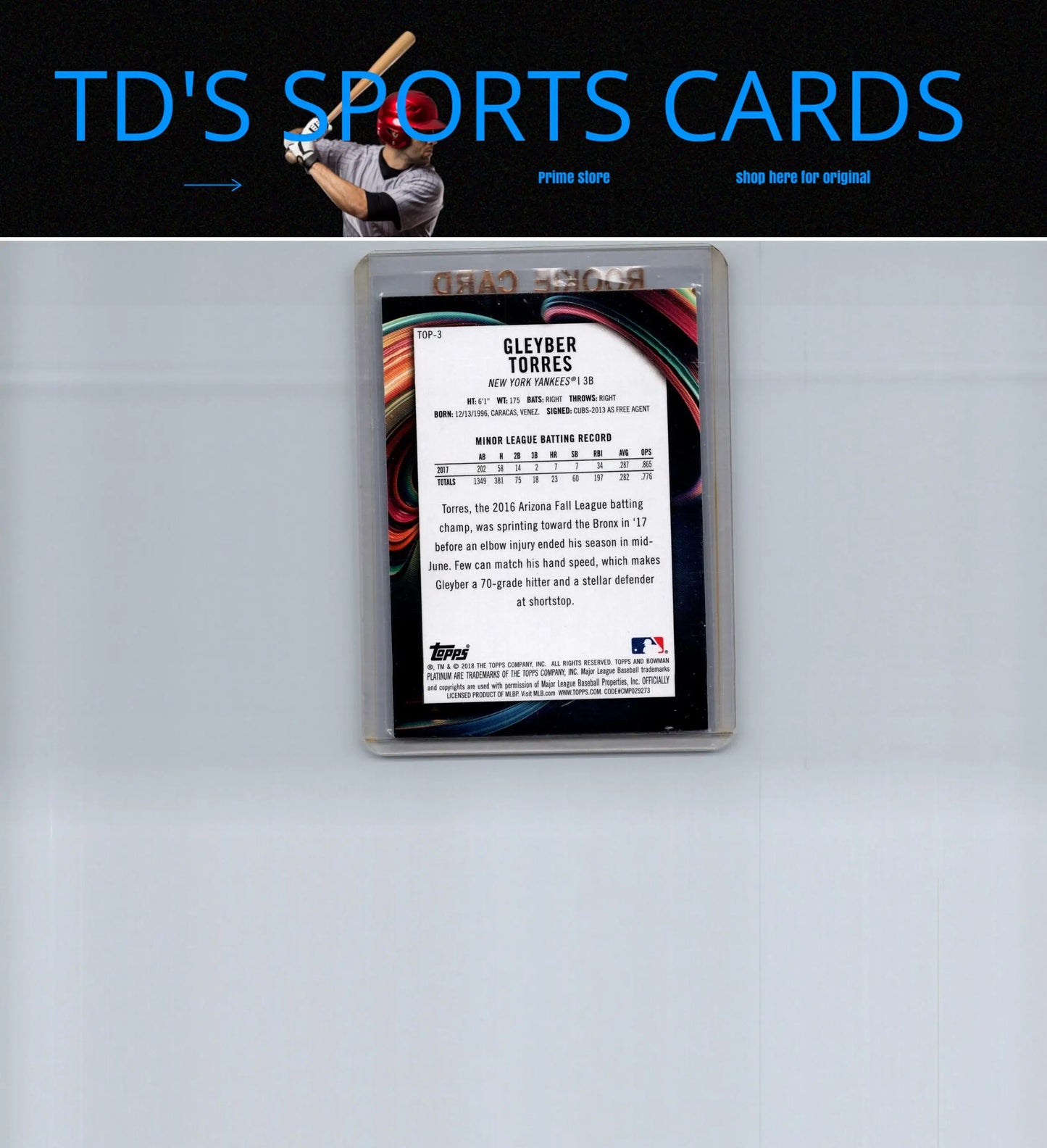Gleyber Torres baseball card from Bowman Platinum 2018 Top Prospects series