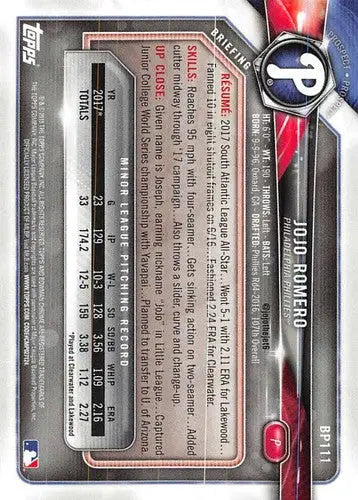 2018 Bowman Prospects #BP111 JoJo Romero NM-MT Phillies ID:10983 - Baseball Card Single