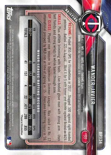 Close-up of baseball card back from Bowman Prospects featuring original gloss BP134 Wander Javier