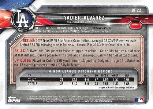 2018 Bowman Prospects #BP22 Yadier Alvarez NM-MT Dodgers - Baseball Card Single