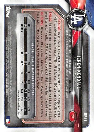 2018 Bowman Prospects #BP23 Jeren Kendall NM-MT Dodgers - Baseball Card Single