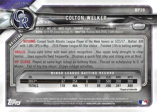 2018 Bowman Prospects #BP39 Colton Welker NM-MT Rockies - Baseball Card Single