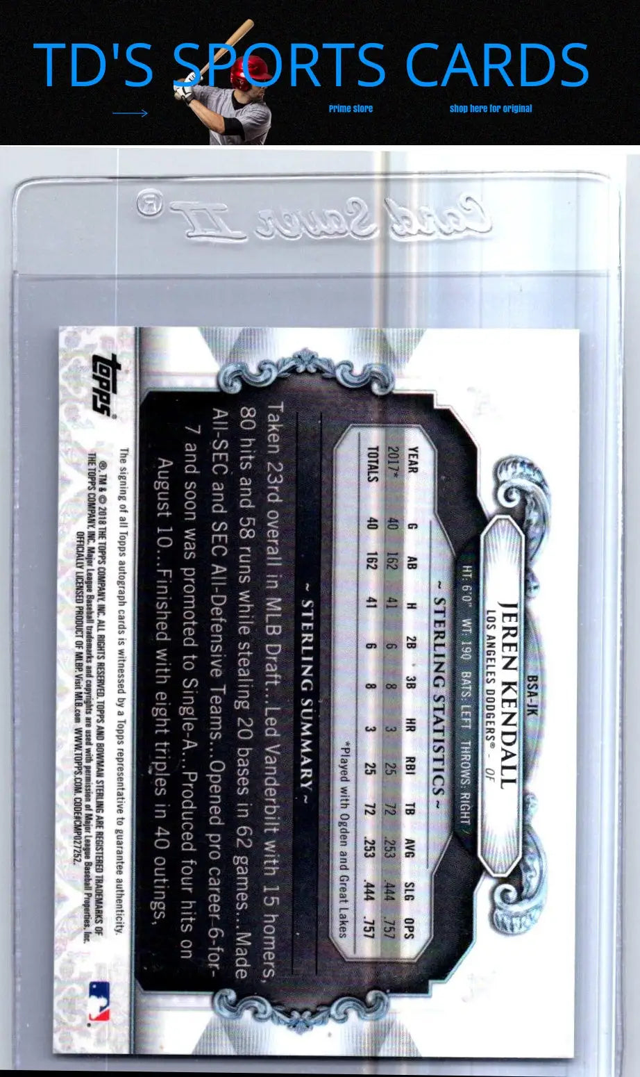 Baseball card back featuring Jeren Kendall from Bowman Sterling Continuity series