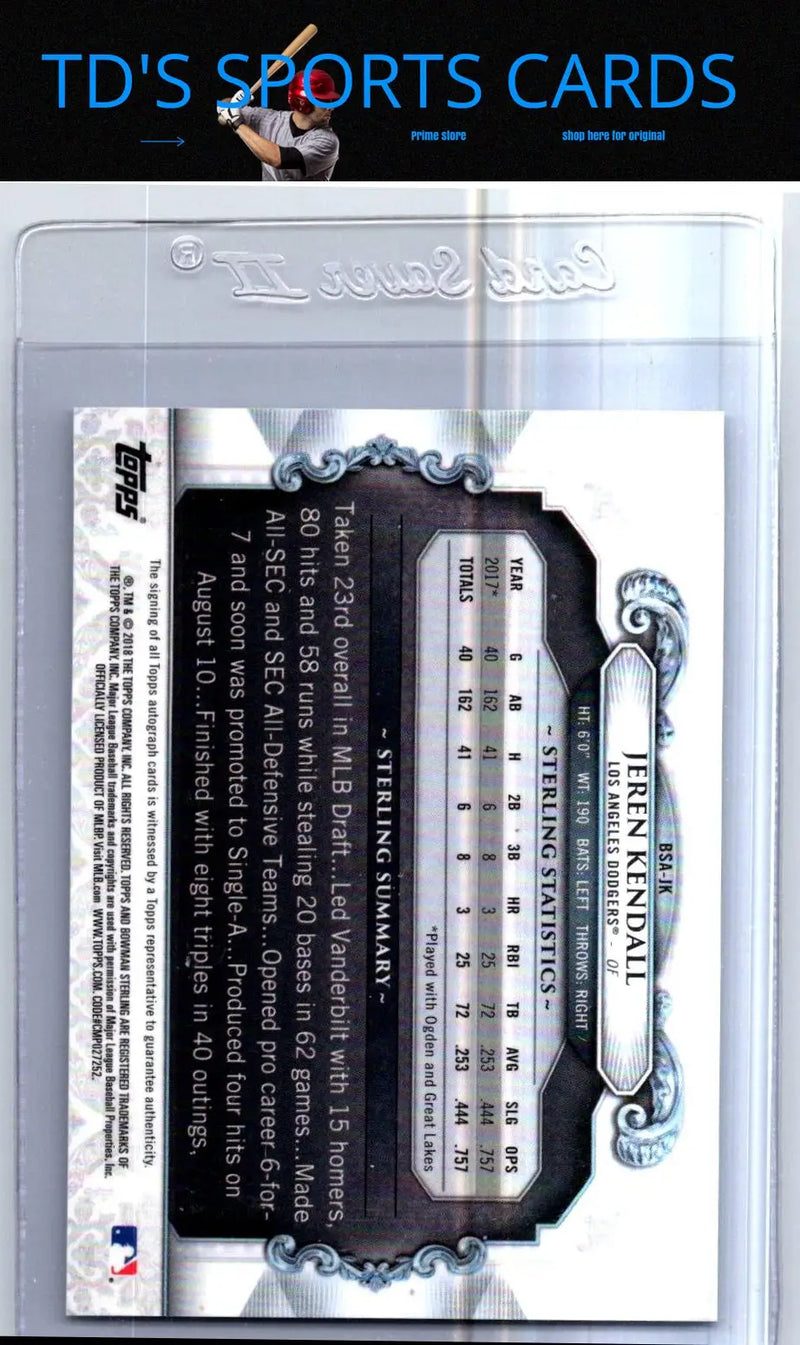 Baseball card back featuring Jeren Kendall from Bowman Sterling Continuity series