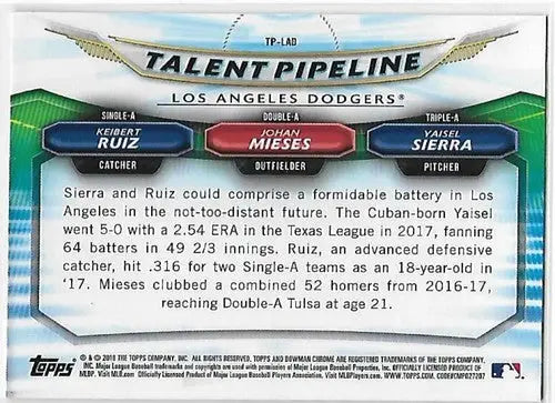 2018 Bowman Talent Pipeline #TP-LAD Yaisel Sierra/Johan Mieses/Keibert Ruiz NM-M - Baseball Card Single