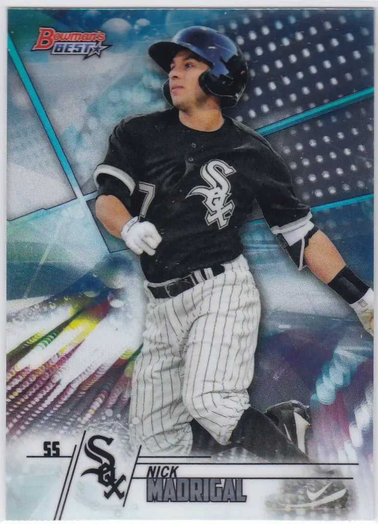 Baseball card of Nick Madrigal Chicago White Sox in batting stance for Bowmans Best Prospects