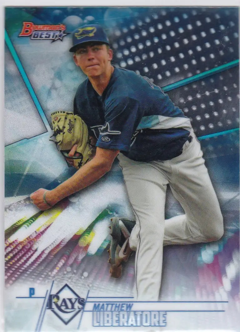Baseball player Matthew Libertore Tampa Bay Rays mid-pitch in Bowmans Best Prospects card