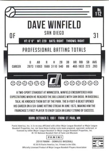 2018 Donruss Dave Winfield baseball card back with original gloss and detailed info