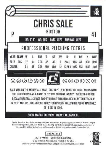 2018 Donruss #140 Chris Sale NM-MT Red Sox - Baseball Card Single