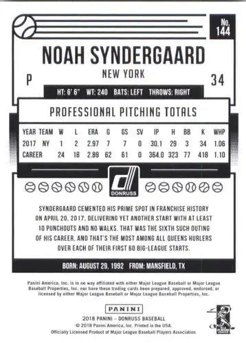 Reverse side of 2018 Donruss Noah Syndergaard baseball card with original gloss NM-MT