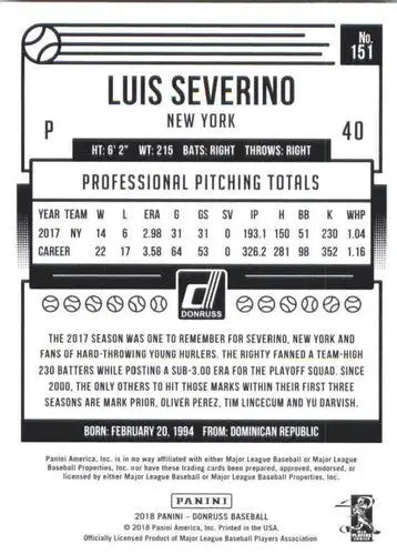 2018 Donruss #151 Luis Severino NM-MT Yankees - Baseball Card Single