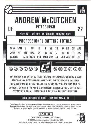 2018 Donruss #159 Andrew McCutchen NM-MT Pirates - Baseball Card Single