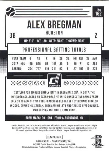 Alex Bregman baseball card back from 2018 Donruss #162 with original gloss NM-MT