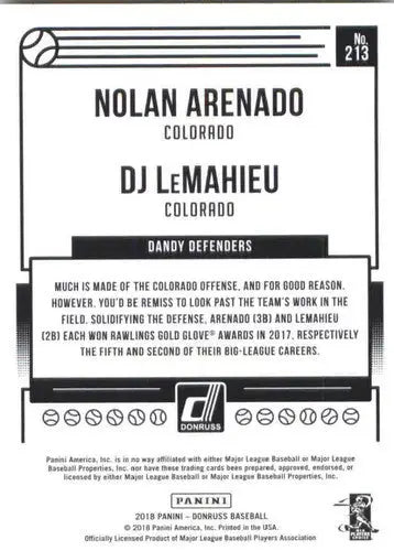 Baseball card back featuring Nolan Arenado and DJ LeMahieu with original gloss