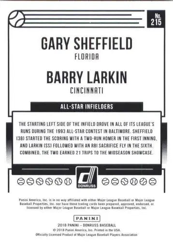 2018 Donruss baseball trading card featuring Barry Larkin and Gary Sheffield with original gloss