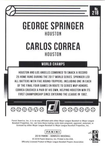 2018 Donruss #218 Carlos Correa/George Springer NM-MT Astros ID:10887 - Baseball Card Single