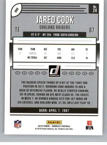 Jared Cook football card with original gloss, NM-MT condition from 2018 Donruss
