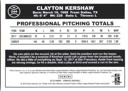 2018 Donruss #244 Clayton Kershaw NM-MT Dodgers Retro 1984 - Baseball Card Single