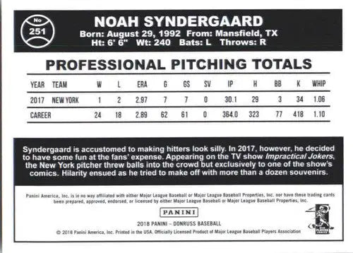 Original gloss baseball trading card of Noah Syndergaard Retro 2018 Donruss NM-MT