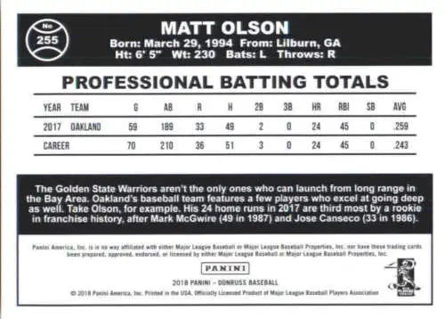 Matt Olson baseball card 2018 Donruss #255 with original gloss detail