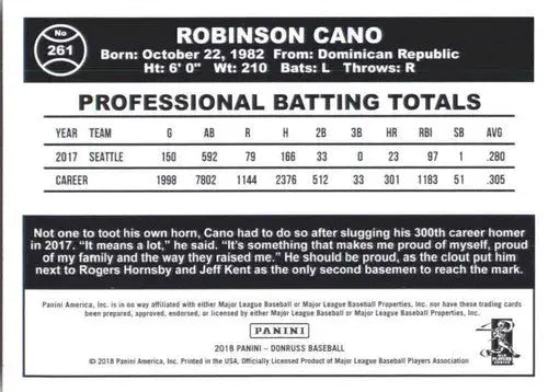 2018 Donruss #261 Robinson Cano NM-MT Mariners Retro 1984 ID:10529 - Baseball Card Single
