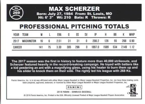 2018 Donruss #269 Max Scherzer NM-MT Nationals Retro 1984 - Baseball Card Single