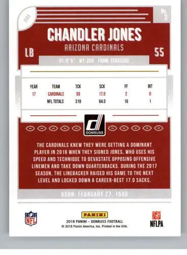 Original gloss Chandler Jones football card 2018 Donruss NM-MT Cardinals ID 15296