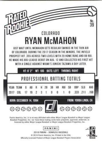 2018 Donruss #39 Ryan McMahon NM-MT Rockies Rated Rookie ID:10859 - Baseball Card Single
