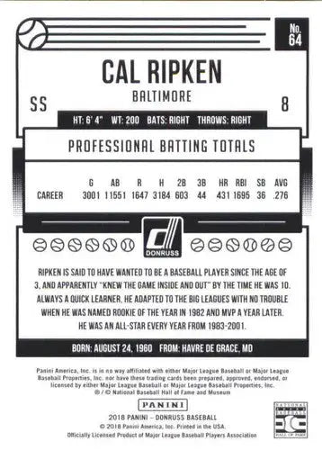 Original gloss Cal Ripken baseball trading card 2018 Donruss NM-MT Orioles