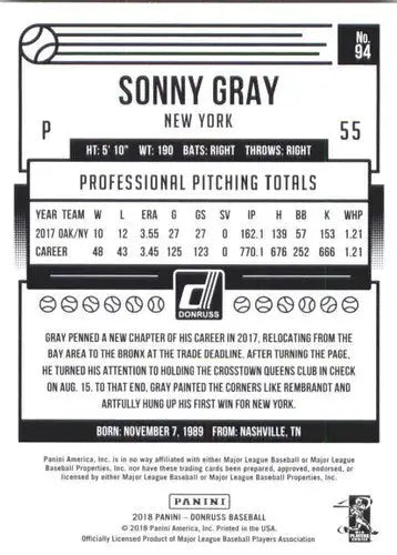2018 Donruss #94 Sonny Gray NM-MT Yankees ID:10465 - Baseball Card Single
