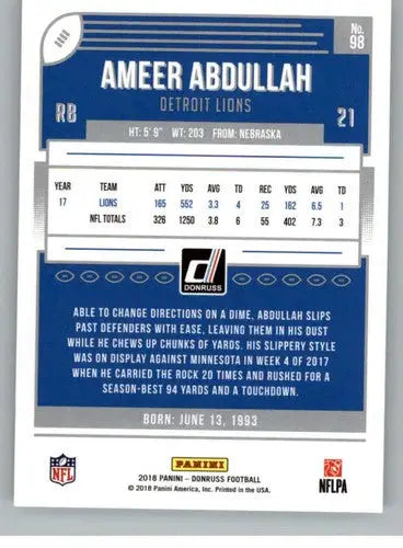 Ameer Abdullah football card with original gloss from 2018 Donruss #98 NM-MT Lions