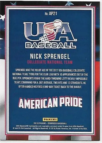Baseball card back from Donruss American Pride Crystals featuring Nick Sprengel NM-MT