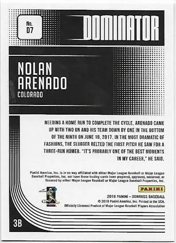 Original gloss 2018 Donruss Dominators Nolan Arenado baseball card Rockies NM-MT