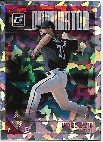 Original gloss baseball trading card featuring Max Scherzer in mid-delivery from Donruss Dominators Crystals