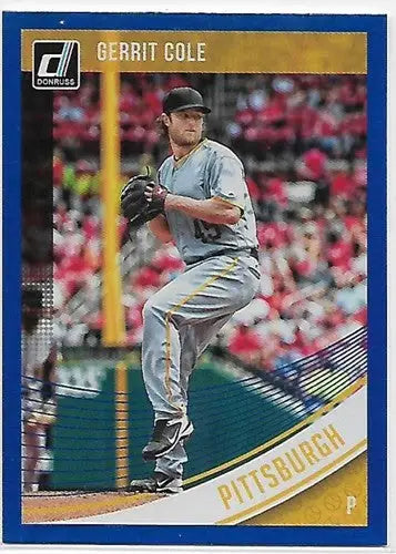 2018 Donruss Holo Blue Gerrit Cole baseball card featuring holo blue design and Pirates logo