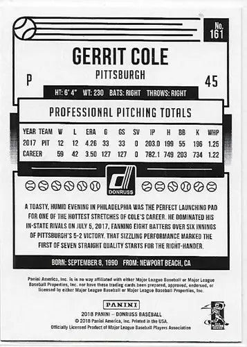 2018 Donruss Holo Blue Gerrit Cole baseball card featuring Pirates debut NM-MT