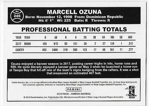 2018 Donruss Holo Blue Marcell Ozuna baseball card with original gloss and Retro 1984 design