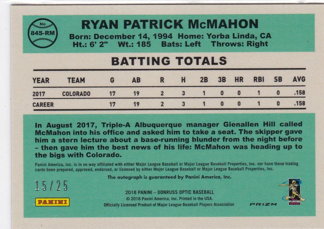2018 Donruss Optic Ryan McMahon auto rated rookie Colorado Rockies baseball card