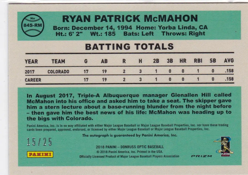 2018 Donruss Optic Ryan McMahon auto rated rookie Colorado Rockies baseball card