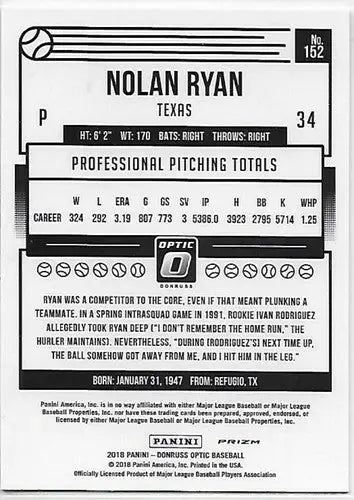 Nolan Ryan baseball card back with original gloss from Donruss Optic Holo series