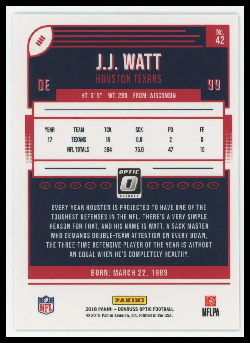 2018 Donruss Optic J.J. Watt 42 Houston Texans - Football Card Single